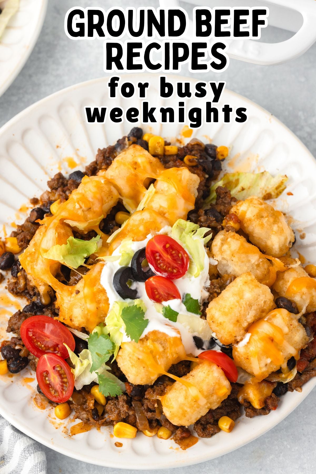 Taco tater tot casserole on a white plate.