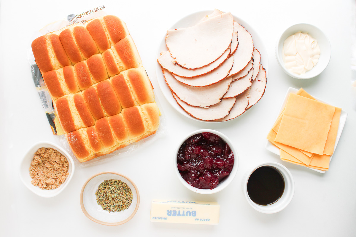 Ingredients for turkey cranberry sliders on kitchen counter prepped for the recipe.