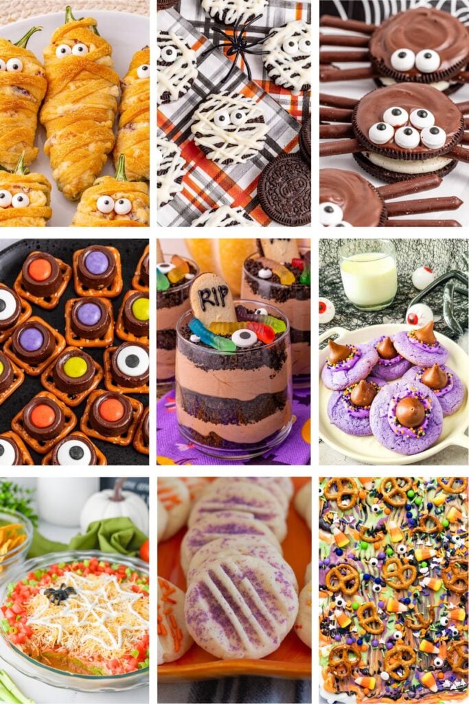 Photo collage with Halloween party food ideas.
