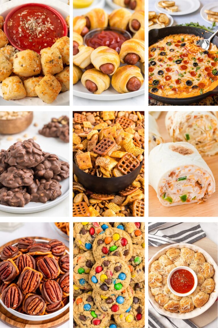 Photo collage with movie night snacks.