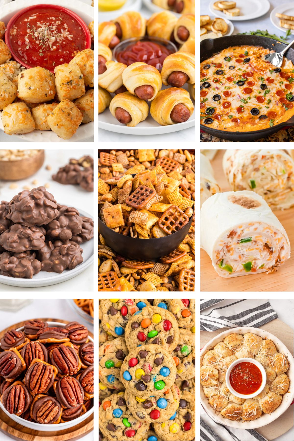 Photo collage with movie night snacks.