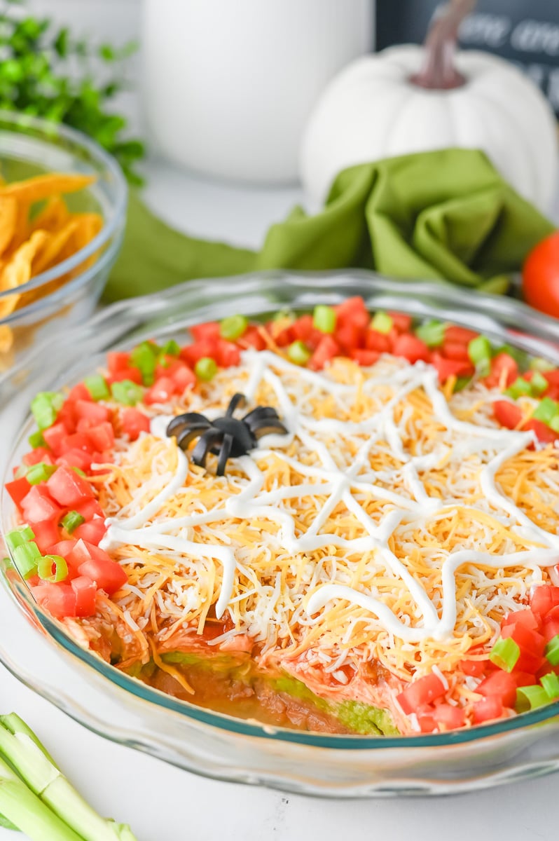 Halloween taco dip in pie plate.