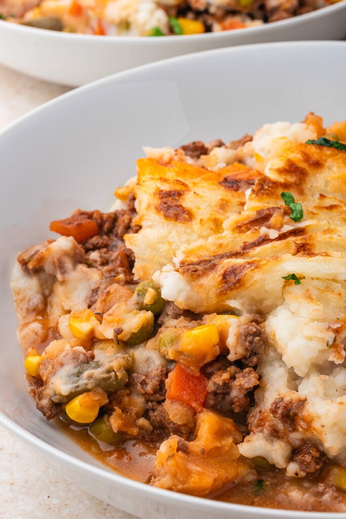 Crockpot shepherd's pie served on a plate.