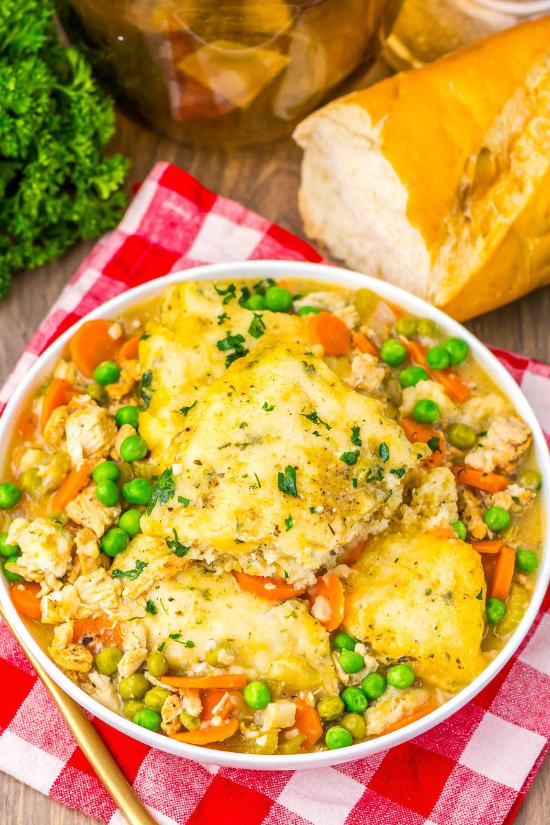Overhead view of turkey and dumplings on a plate.