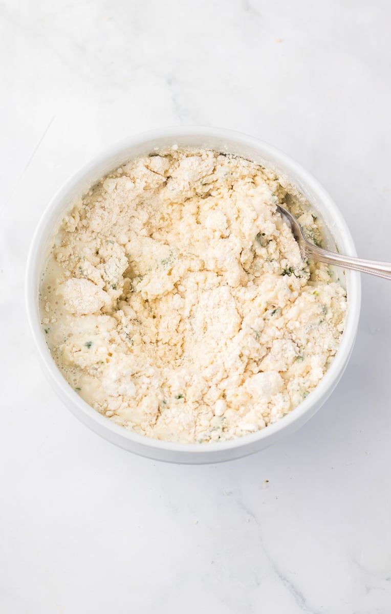 Bisquick dumplings mix in bowl ready to be droppe on the turkey stew.