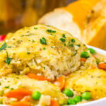 Slow cooker turkey and dumplings served on a plate.
