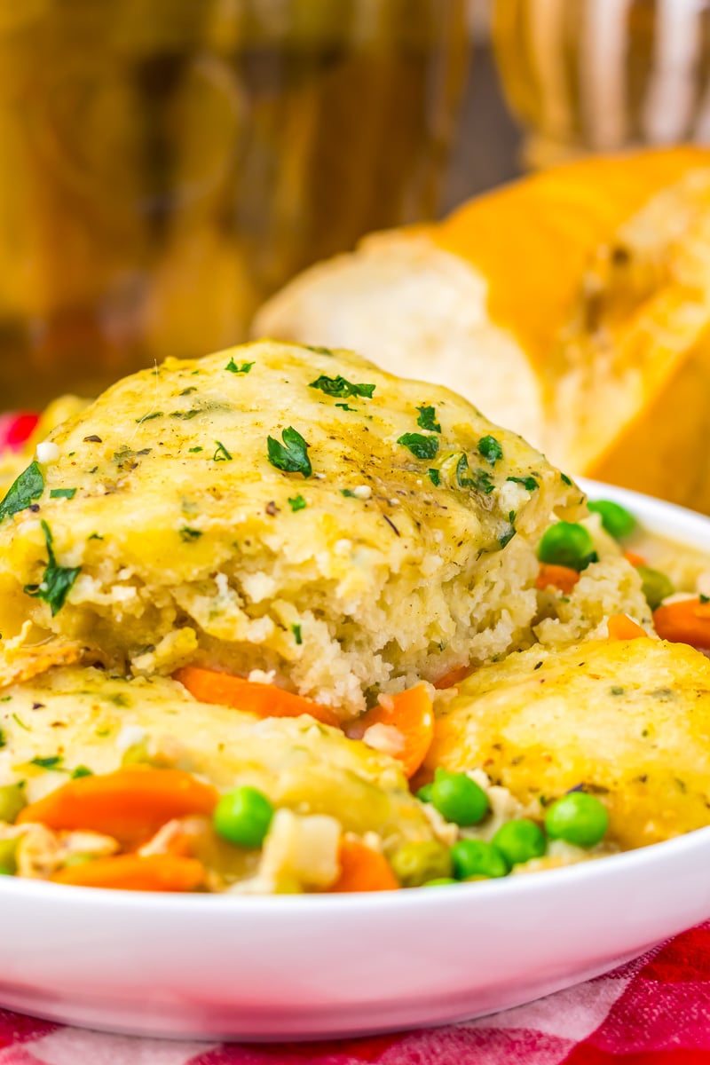 Slow cooker turkey and dumplings served on a plate.