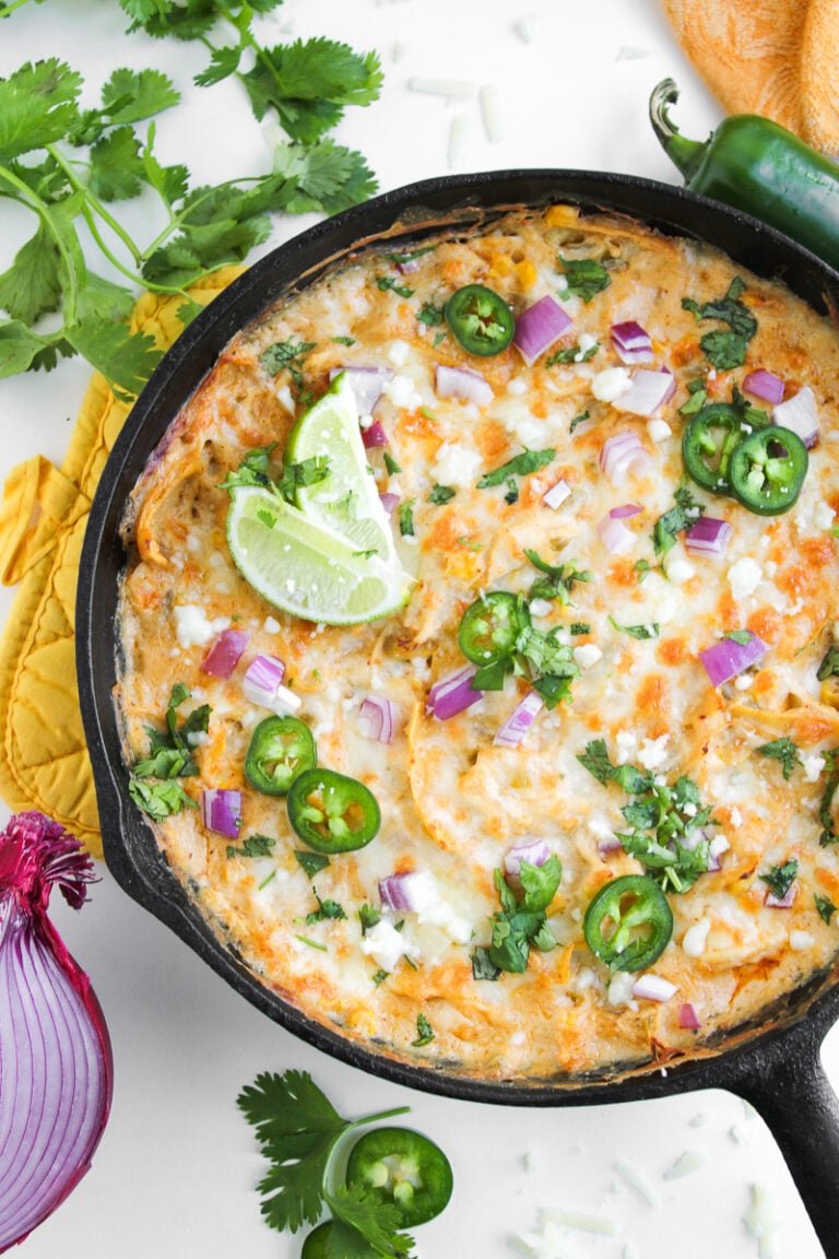 Chicken enchilada skillet overhead view.