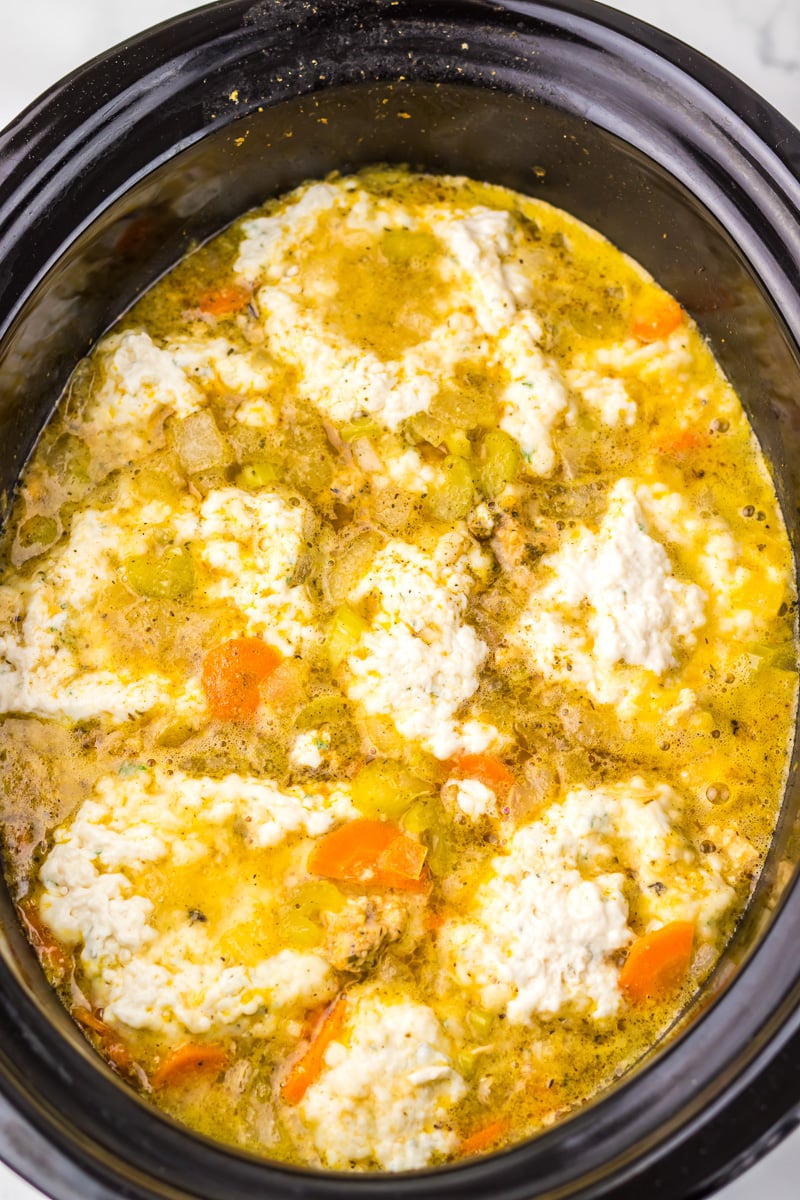 Overhead view of dumplings in crockpot.