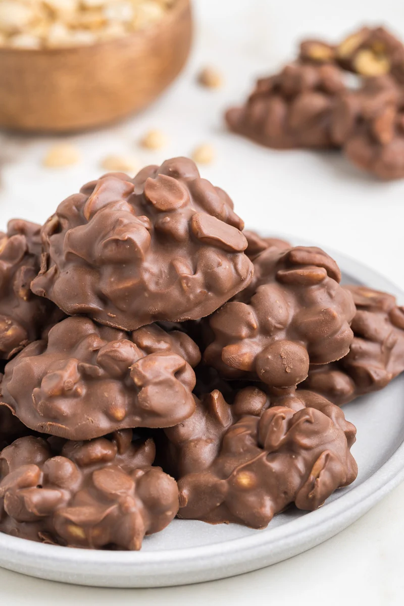 Crockpot candy on a white plate.