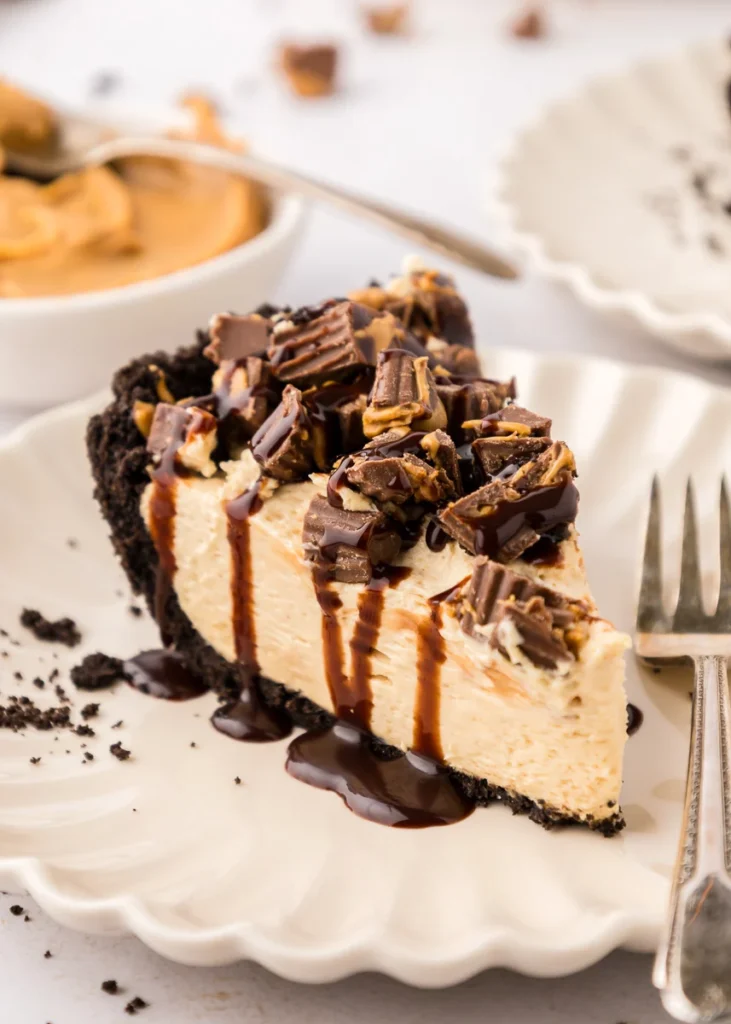 Chocolate peanut butter pie on a white plate.