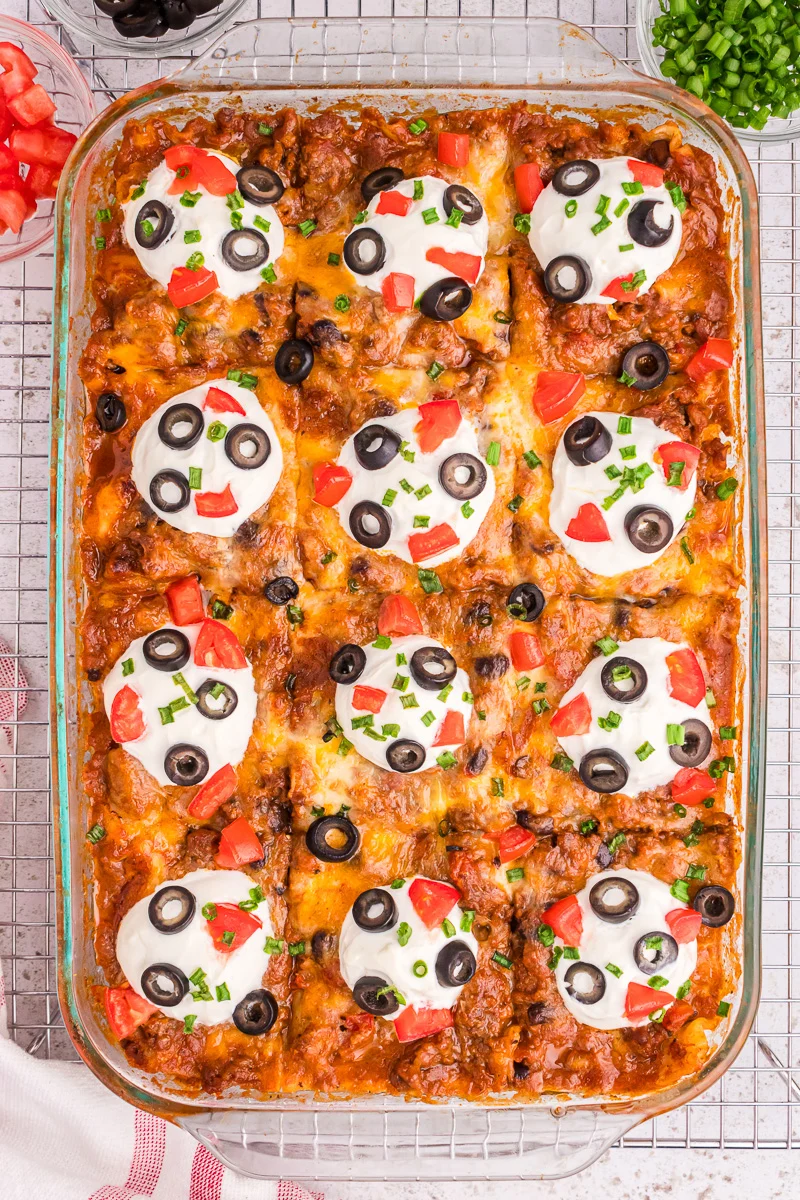Mexican Lasagna in baking dish ready to serve.