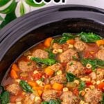 Crockpot meatball soup overhead view in slow cooker.