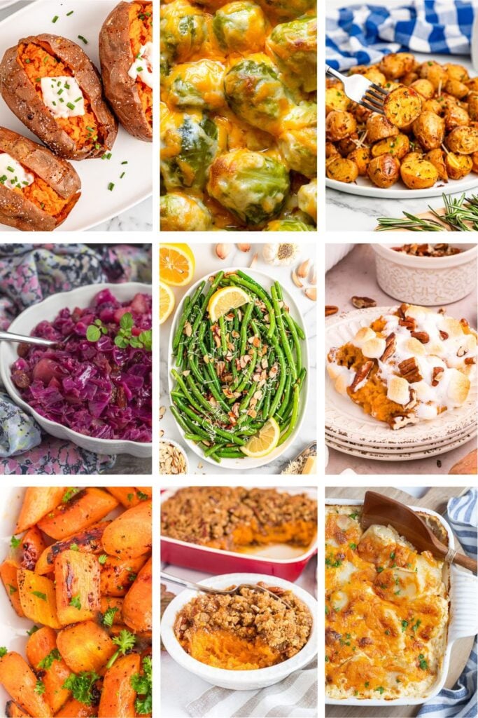 Photo collage with Thanksgiving side dishes.
