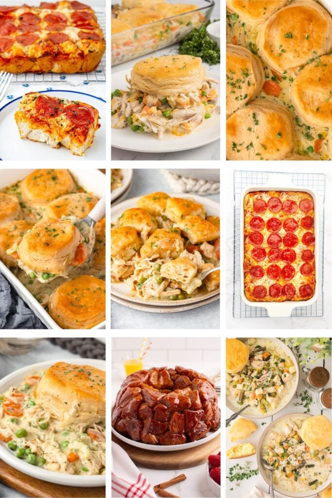 Photo collage with canned biscuit recipes.