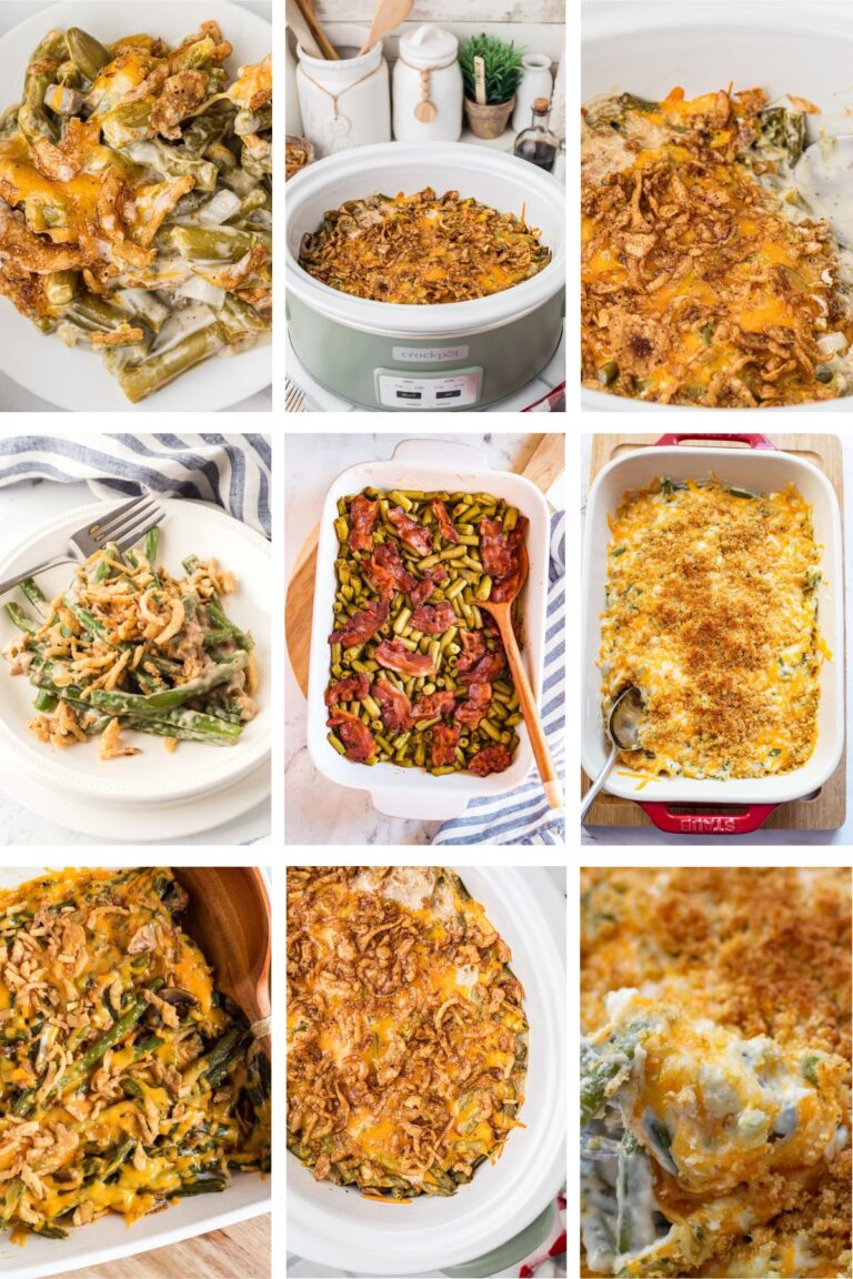 Photo collage with green bean casserole recipes.