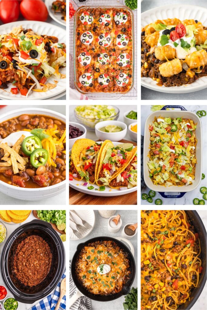 Photo collage with Mexican ground beef recipes.
