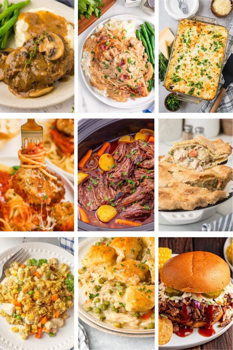 Photo collage with Sunday dinner ideas.