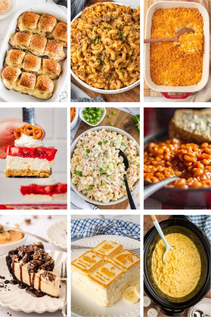 Photo collage with recipes from a church potluck.