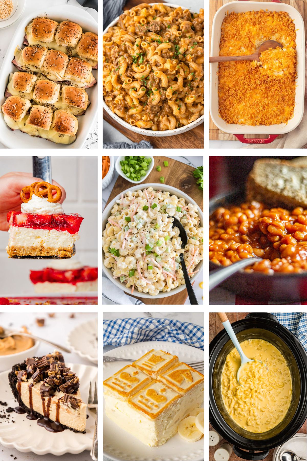 Photo collage with church potluck casseroles, salads and desserts.