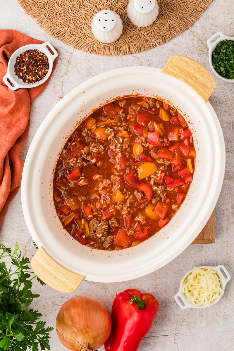 Finished dish of stuffed pepper soup ready to be served.