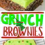 Photo collage with Grinch brownies cut and served on a plate.