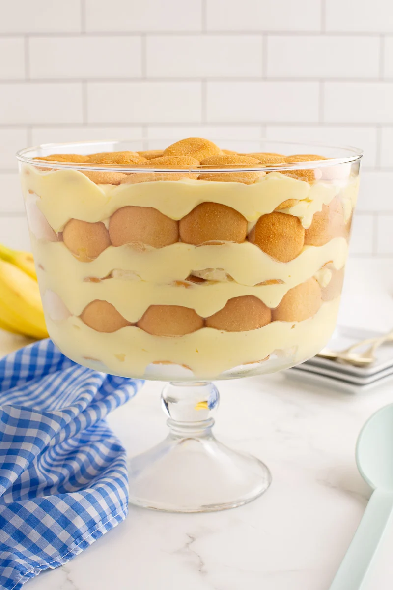 Easy banana pudding in a trifle bowl for a Thanksgiving dessert not pumpkin.