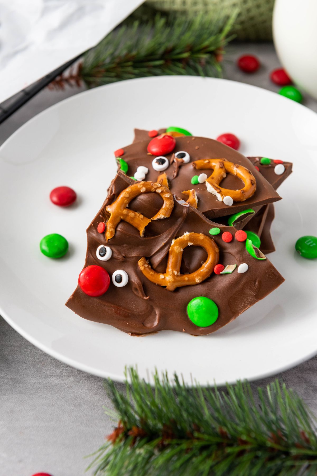 Christmas reindeer bark on a white plate.