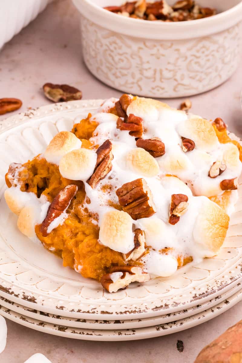 Sweet potato casserole on a white plate.