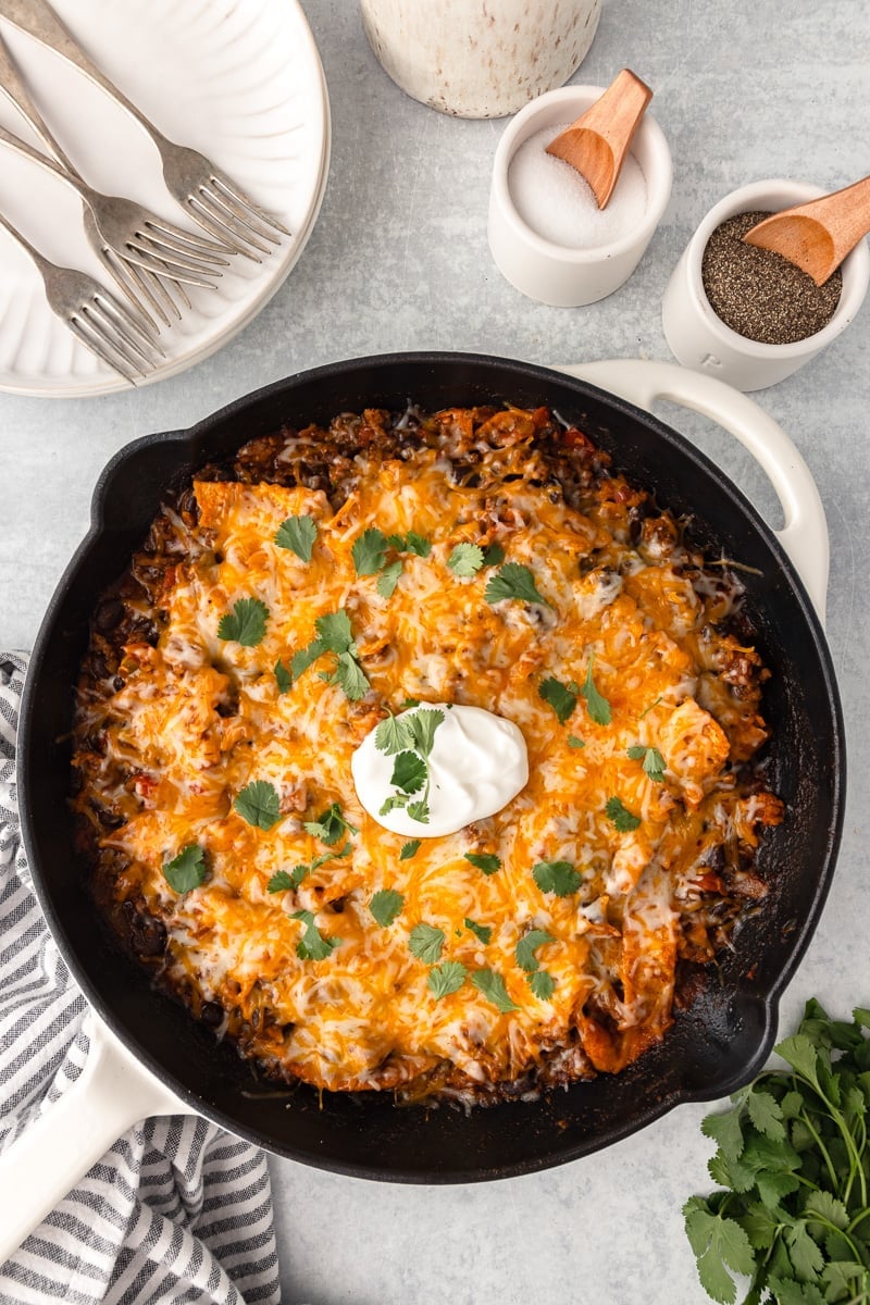 Overhead view of beef enchilada skillet ready to be served.