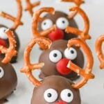 Reindeer Oreo balls on a plate.