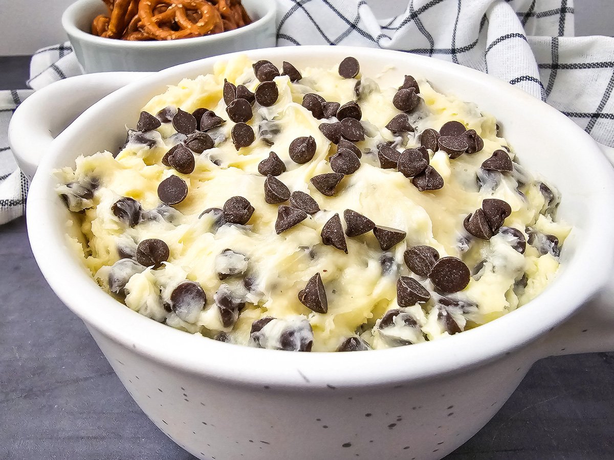 Chocolate chip dip with pretzels for dipping on the side.