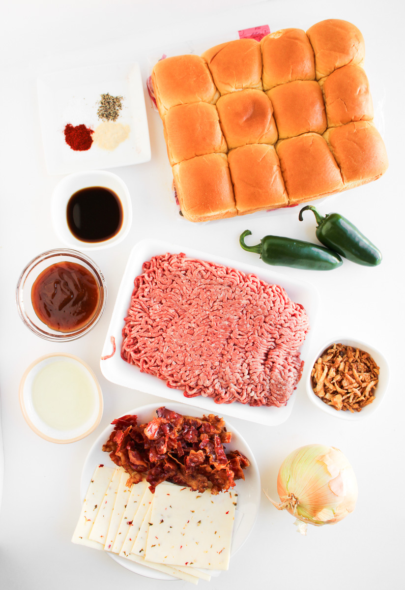 Ingredients for cowboy sliders laid out on counter ready for the recipe.
