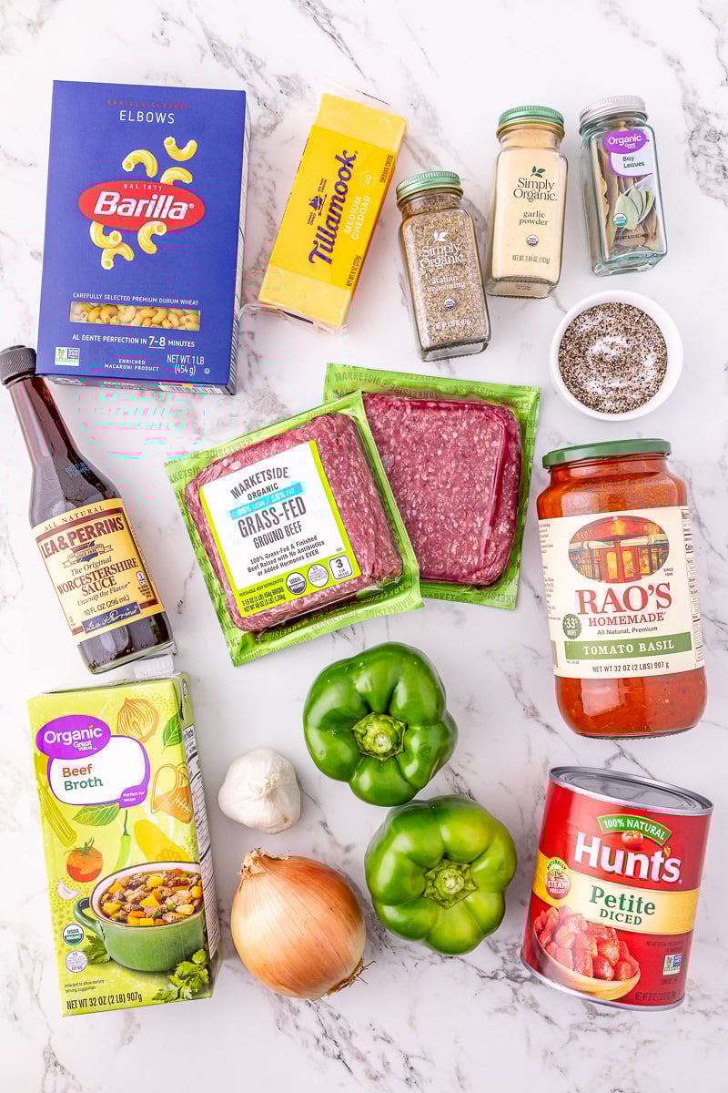 Ingredients for goulash laid out on counter, prepped for the recipe.