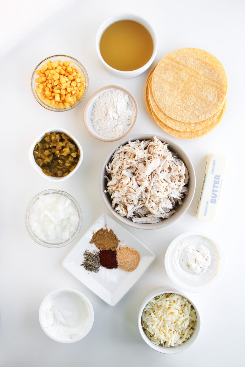 White chicken enchilada skillet ingredients laid out on counter prepared for the recipe.