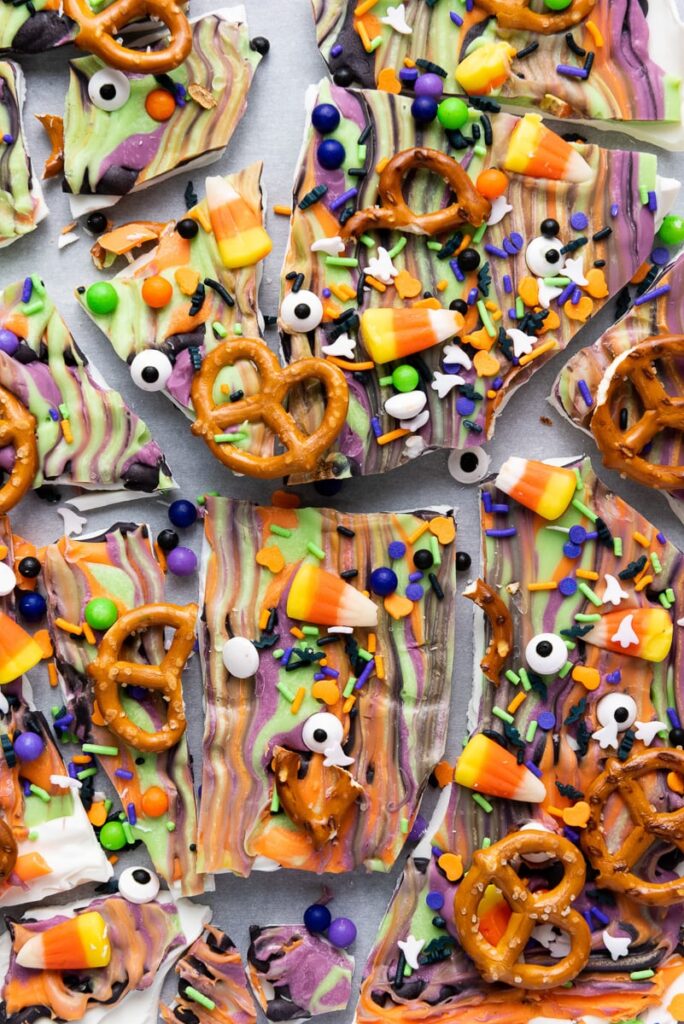 Halloween bark on a white plate.