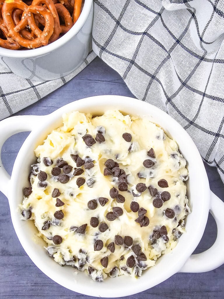 Chocolate chip dip served in a white bowl.