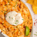Overhead view of buffalo chicken dip with cream cheese in white baking dish.