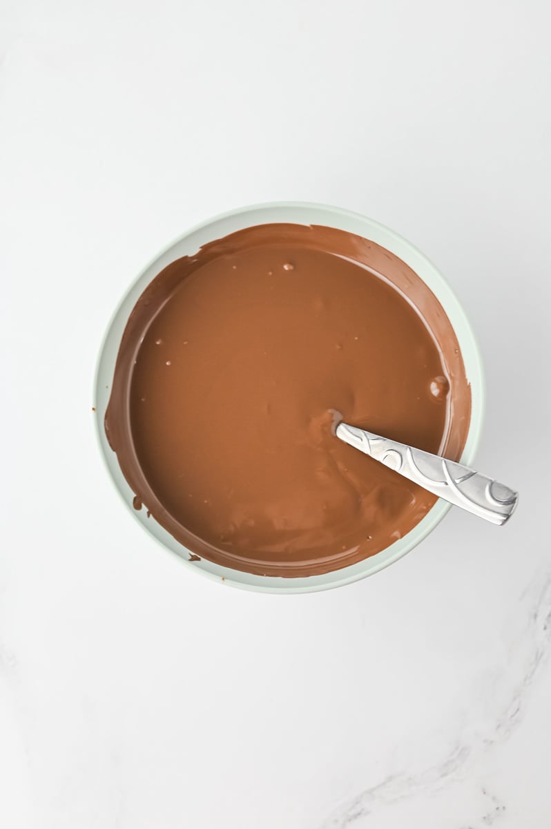 Melted chocolate bark in bowl.