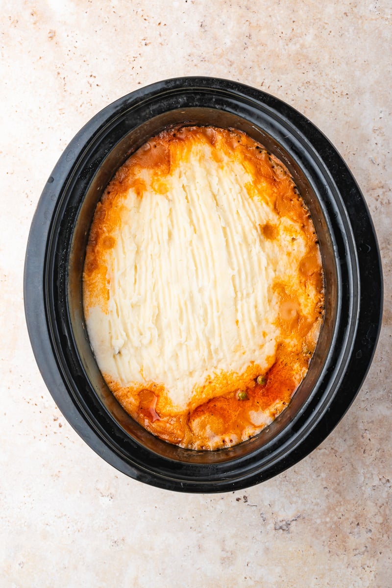 Finished dish o cottage pie in slow cooker.