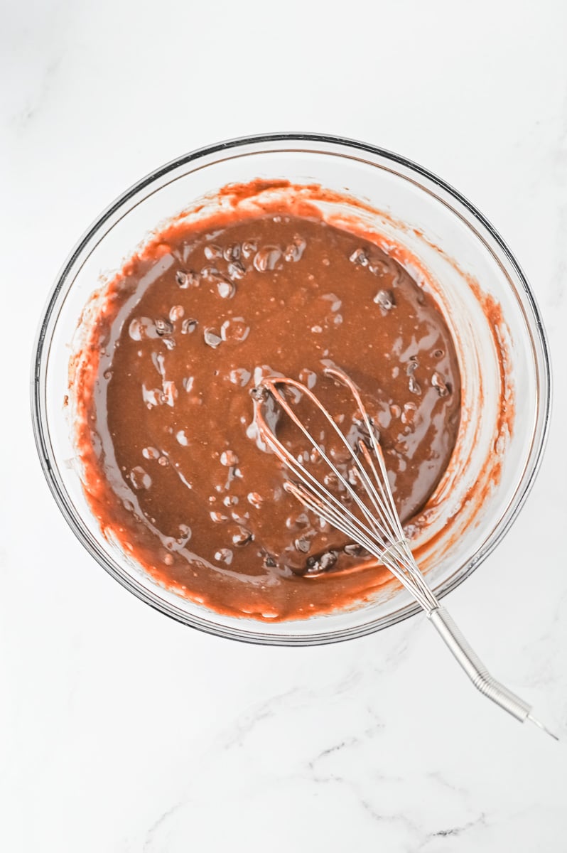 Brownie batter in mixing bowl.