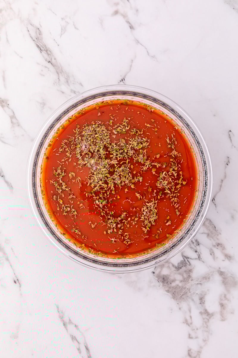 Tomato mixture in glass bowl.