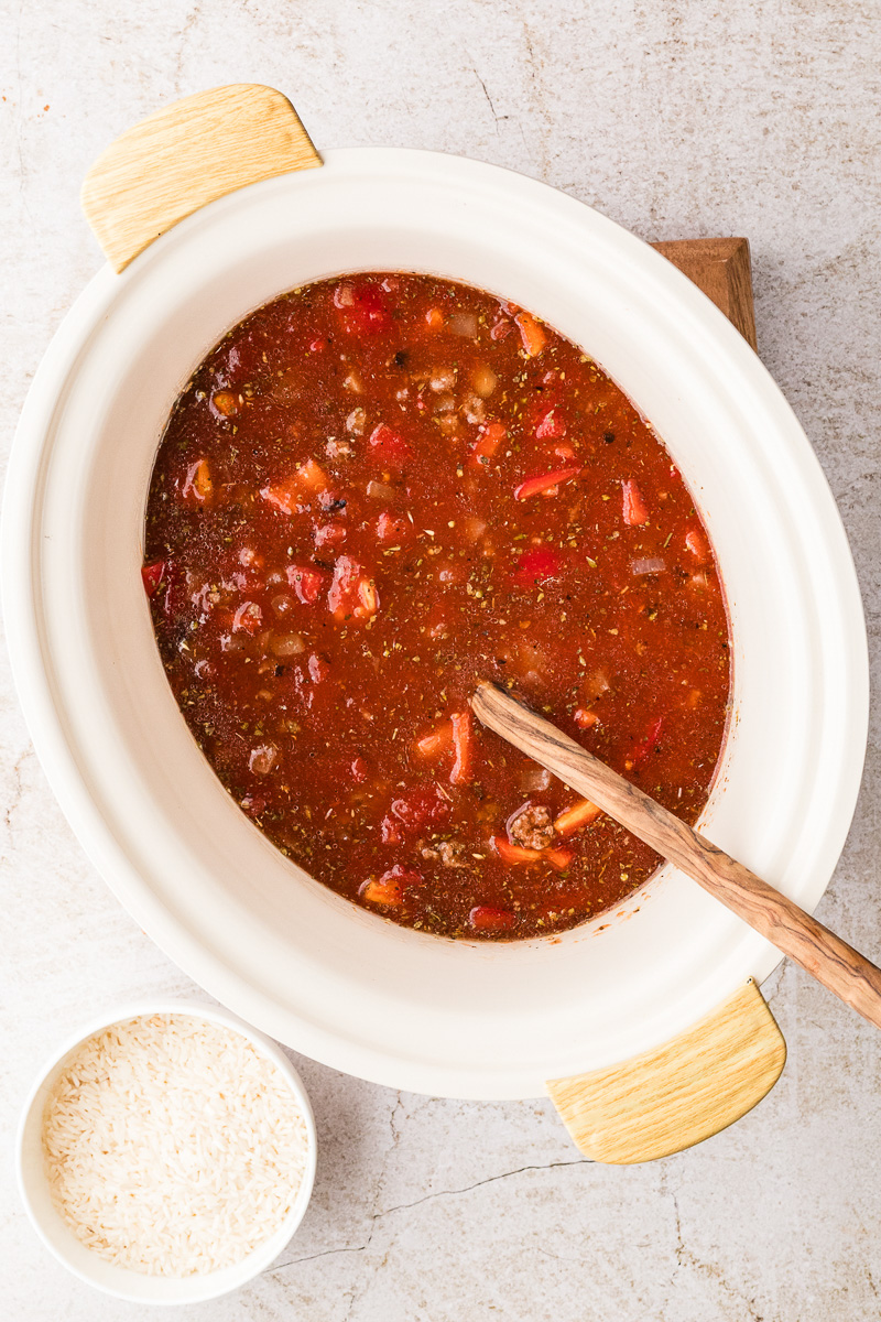 Rice is added to the crockpot during the last 40 minutes of cooking.