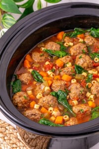 Crockpot meatball soup in slow cooker ready to serve.