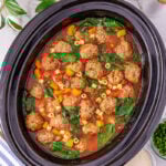 Overhead view of finished soup in slow cooker.