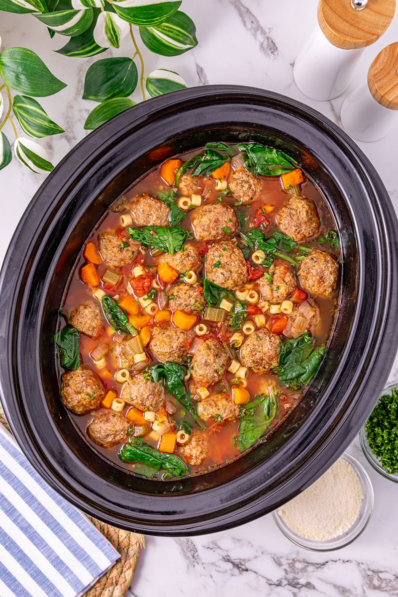 Overhead view of finished soup in slow cooker.