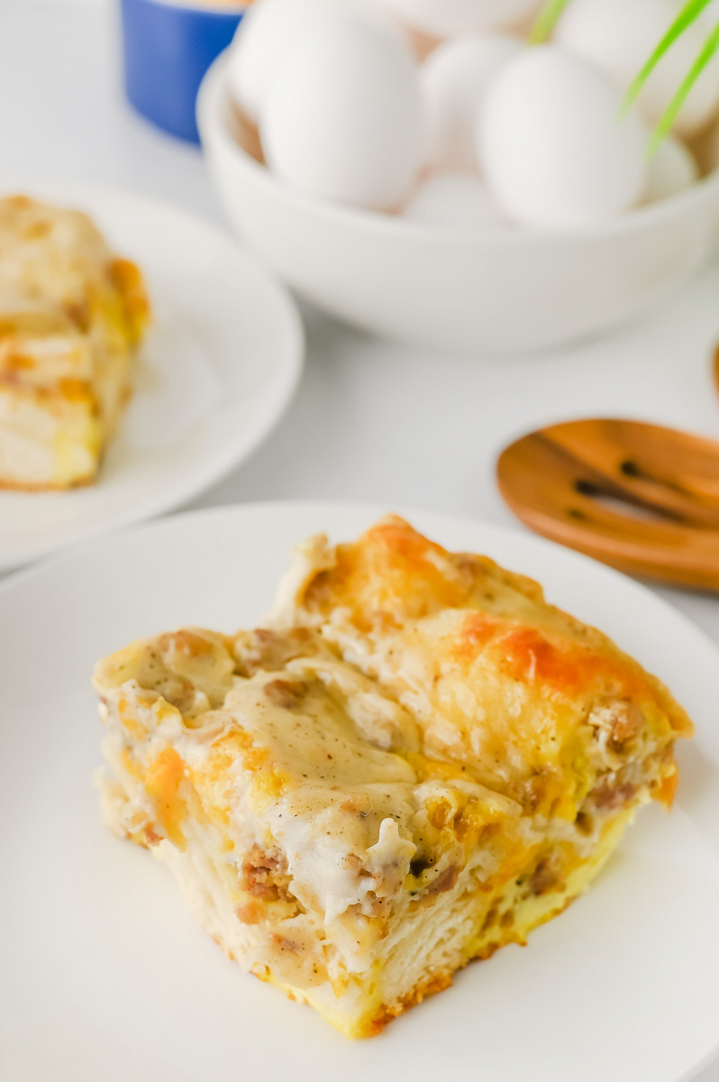Sausage breakfast casserole served on a plate.