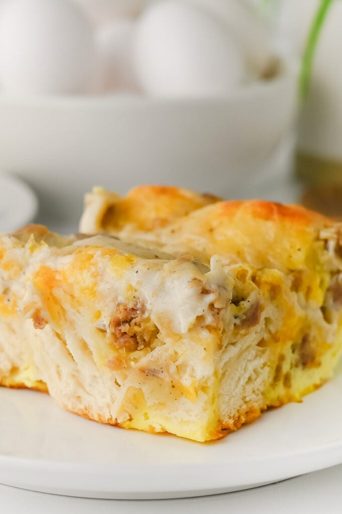 Sausage gravy breakfast casserole on a plate.