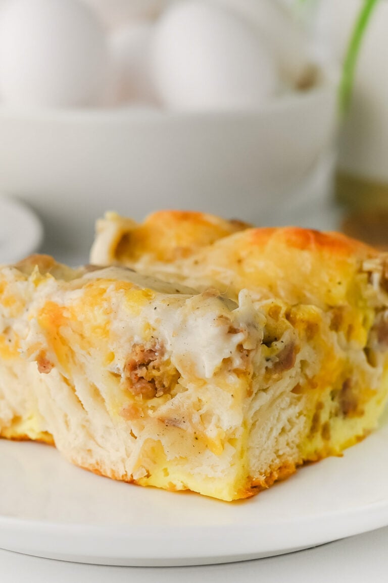 Sausage gravy breakfast casserole on a plate.