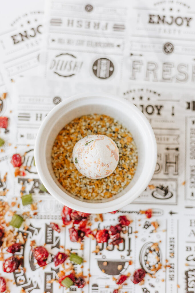 Cheese balls are rolled in everything bagel seasoning.